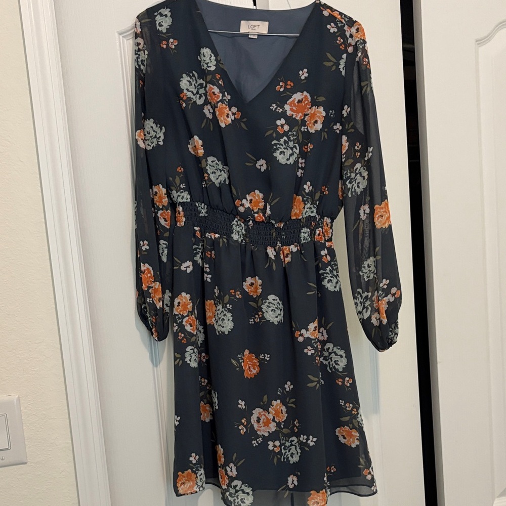 LOFT Dark Floral Long Sleeve Dress